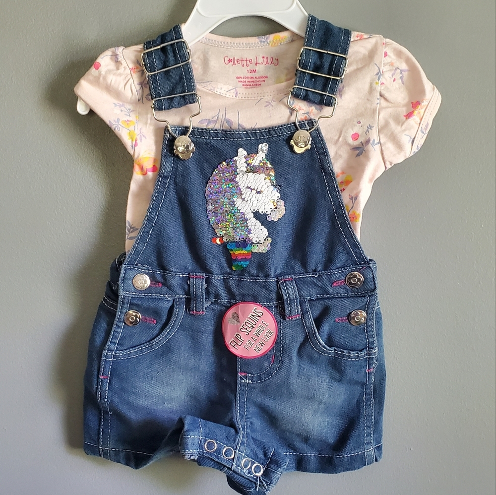 Colette Lilly, 🦄 unicorn, sequined, overall, shorts outfit, size 12 months